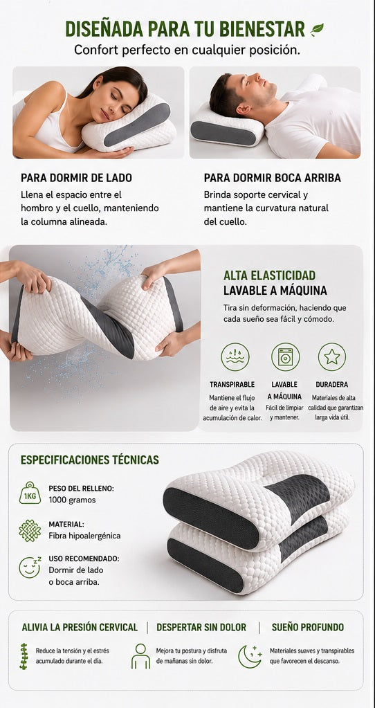 Almohada ortopédica cervical 1kg para descanso y alivio postural, almohada ergonómica para cuello