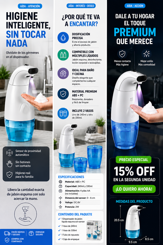 Dispensador de jabón con sensor automático sin contacto – vista frontal

