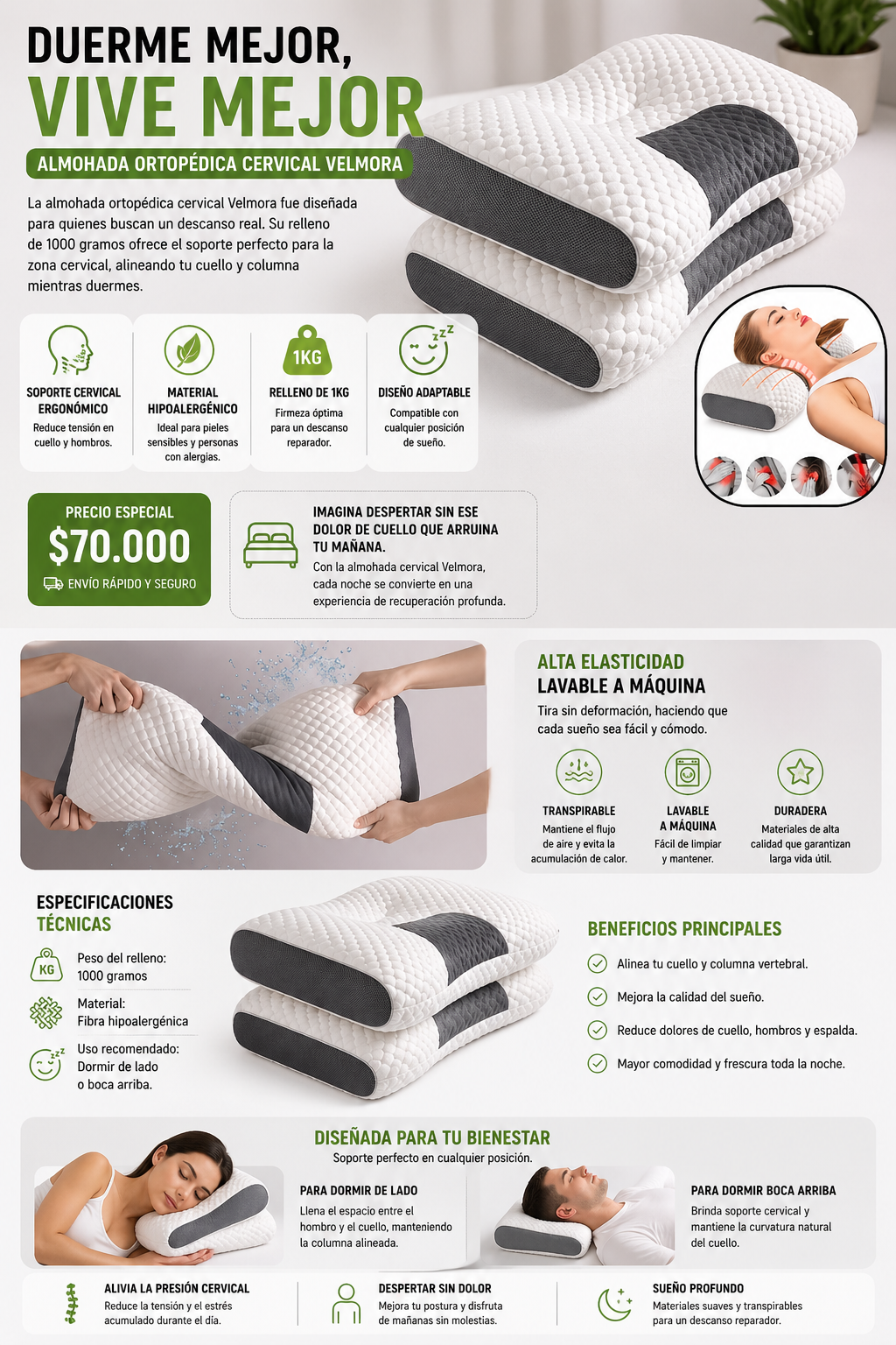 Almohada Ortopédica Cervical 1kg — Descanso y Alivio Postural