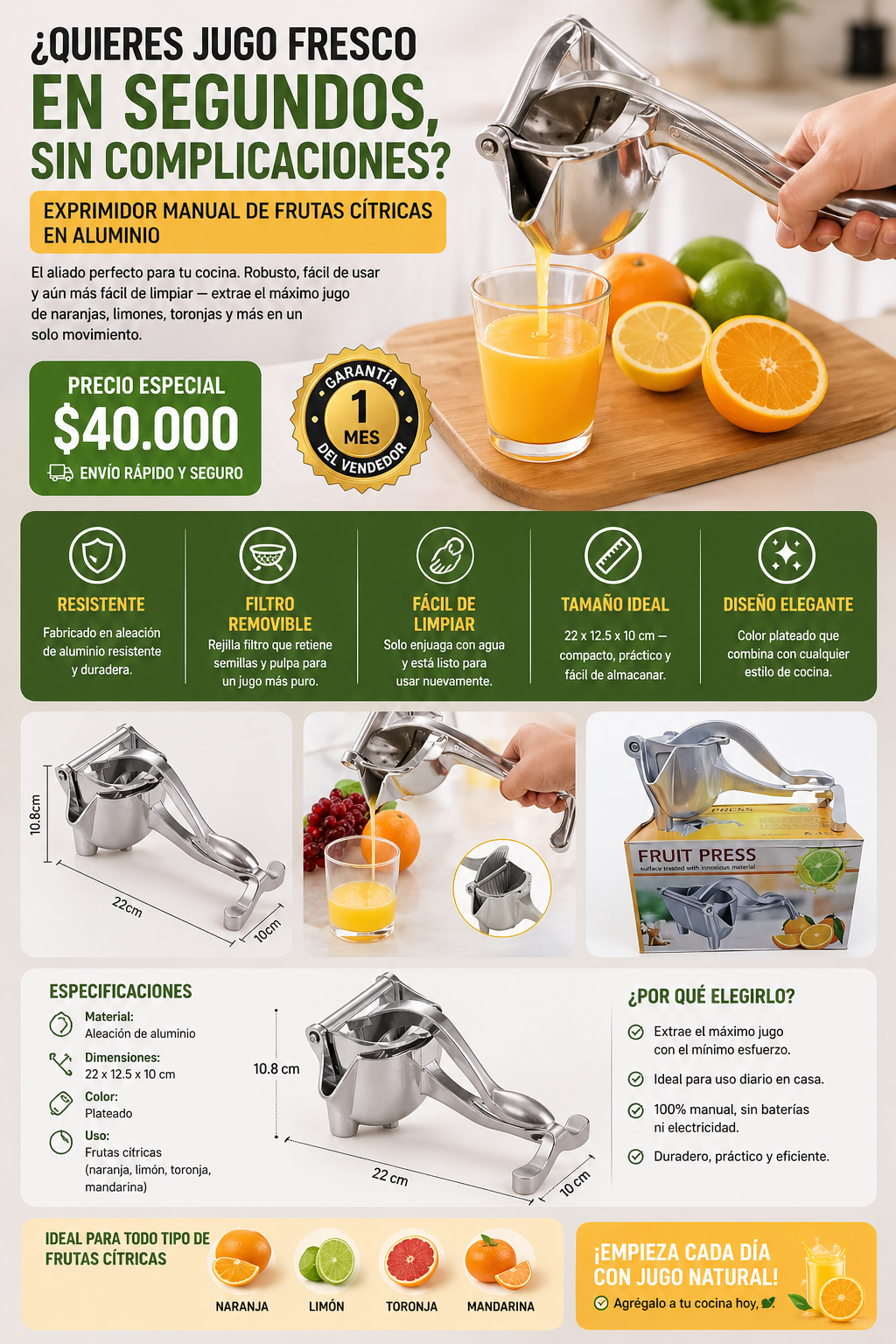 Exprimidor Manual de Frutas Cítricas en Aluminio