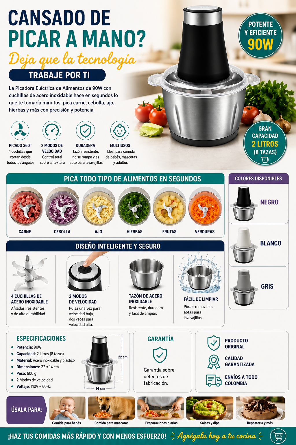 Molino picadora eléctrica de acero inoxidable 2 litros, procesador de alimentos multifuncional para cocina