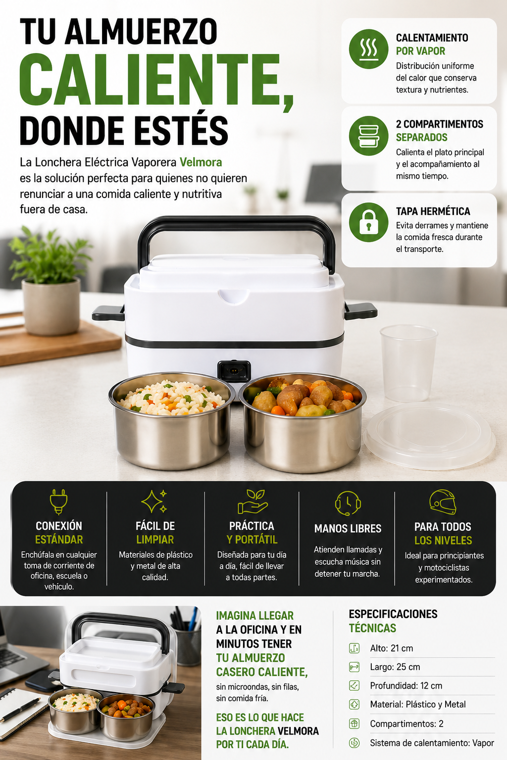 Lonchera eléctrica vaporera 2 compartimentos, calienta comida al vapor en minutos, fiambrera portátil