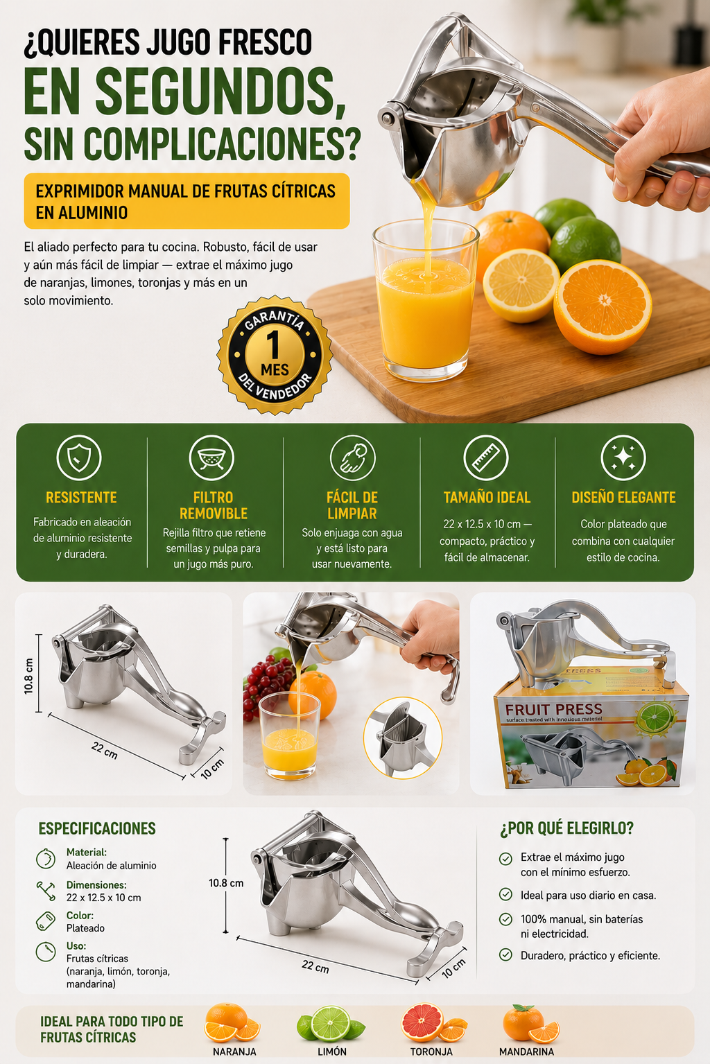 xprimidor manual de frutas cítricas en aluminio, extractor de jugo de naranja y limón resistente