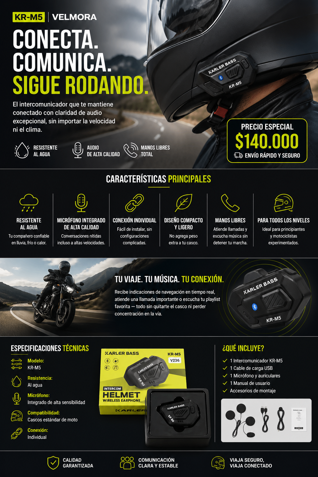 Intercomunicador KR-M5 para Casco de Moto — Resistente al Agua y Manos Libres