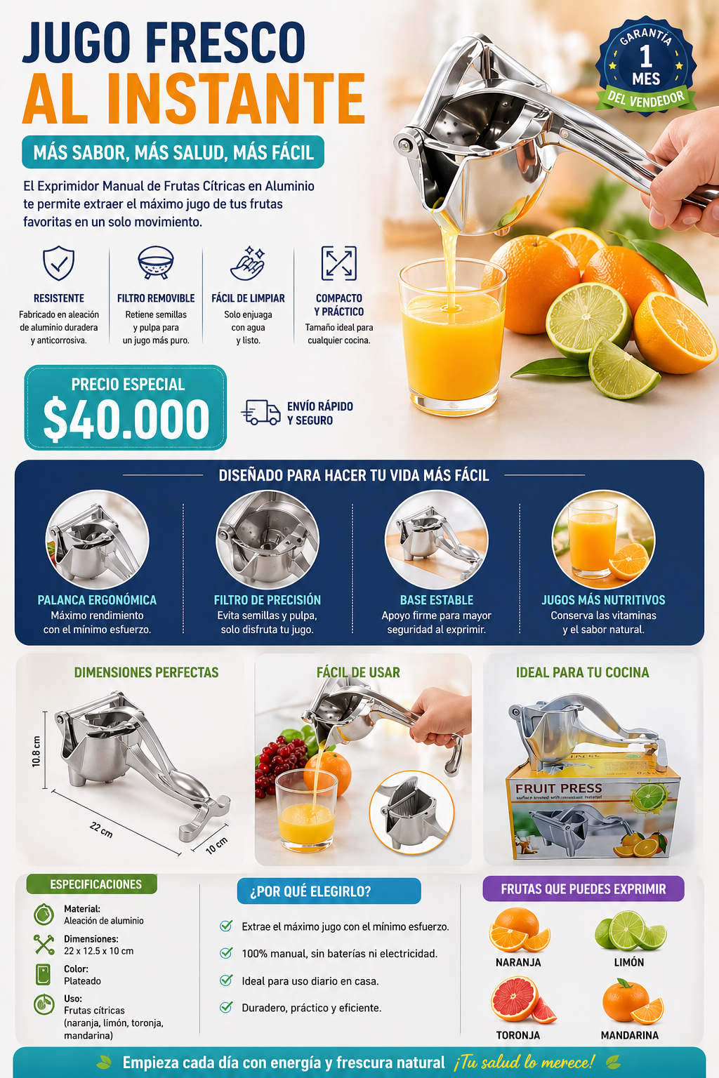 Exprimidor Manual de Frutas Cítricas en Aluminio
