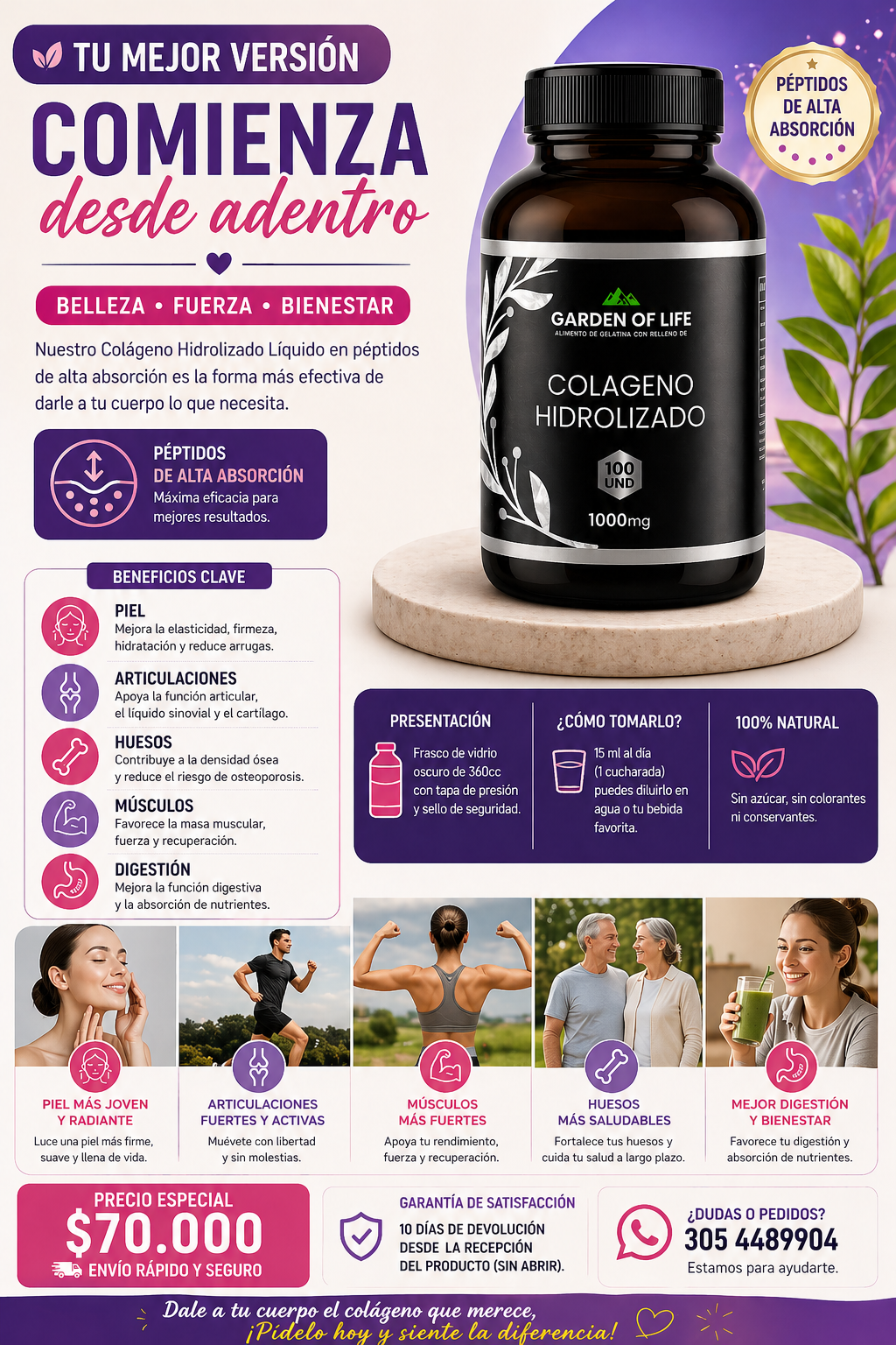 Colágeno Hidrolizado Líquido 360cc – Péptidos de Alta Absorción