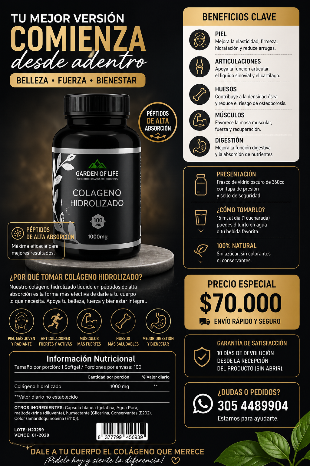 Colágeno Hidrolizado Líquido 360cc – Péptidos de Alta Absorción