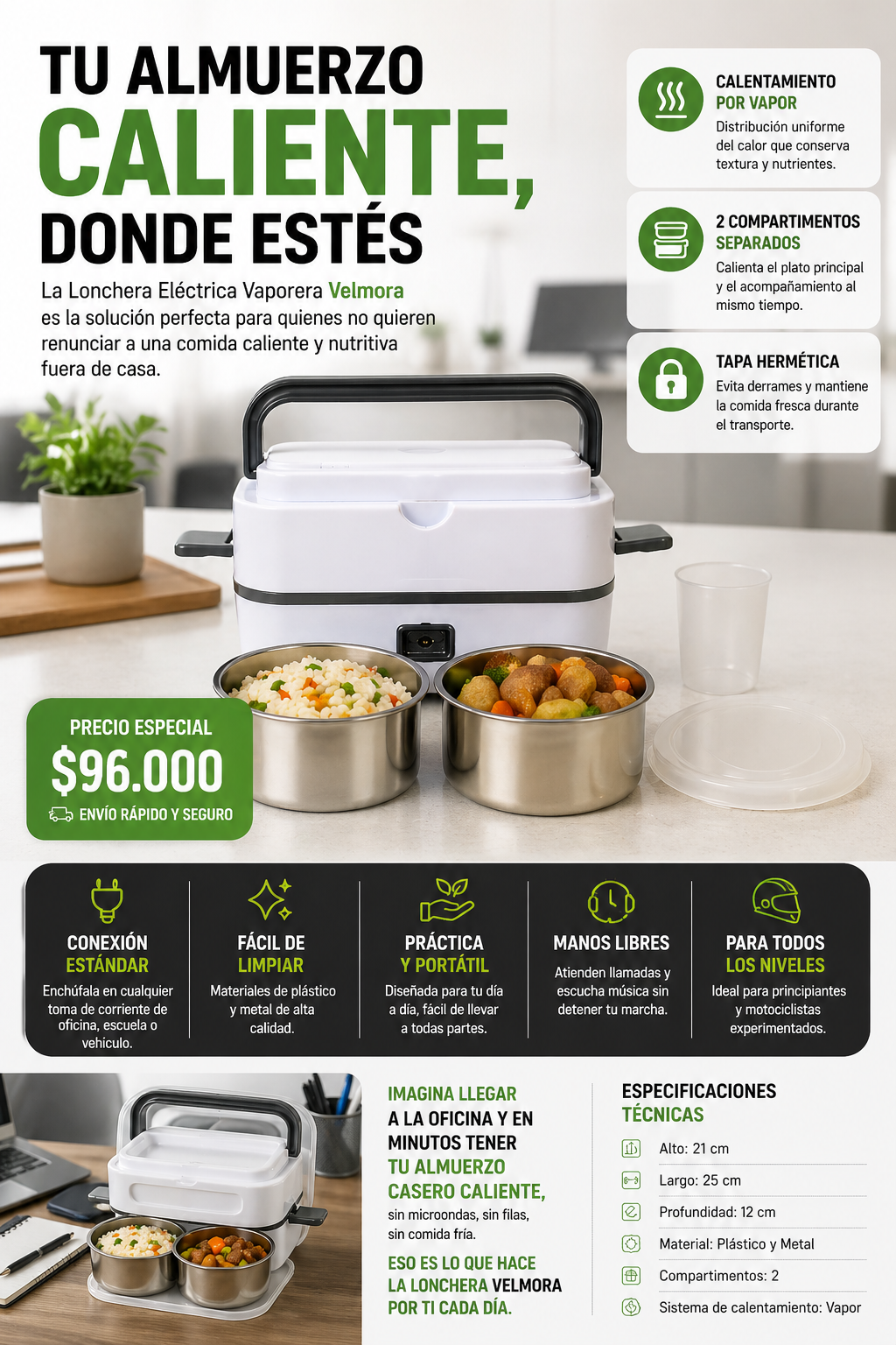 Lonchera Eléctrica Vaporera 2 Compartimentos — Calienta tu Comida en Minutos