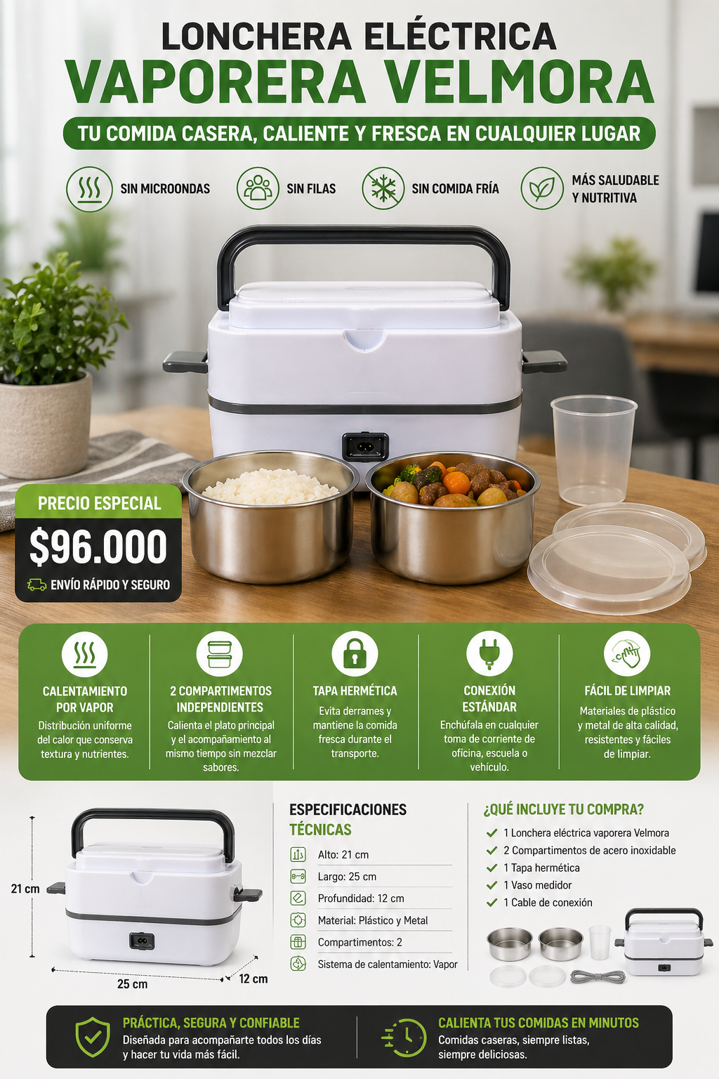 Lonchera Eléctrica Vaporera 2 Compartimentos — Calienta tu Comida en Minutos