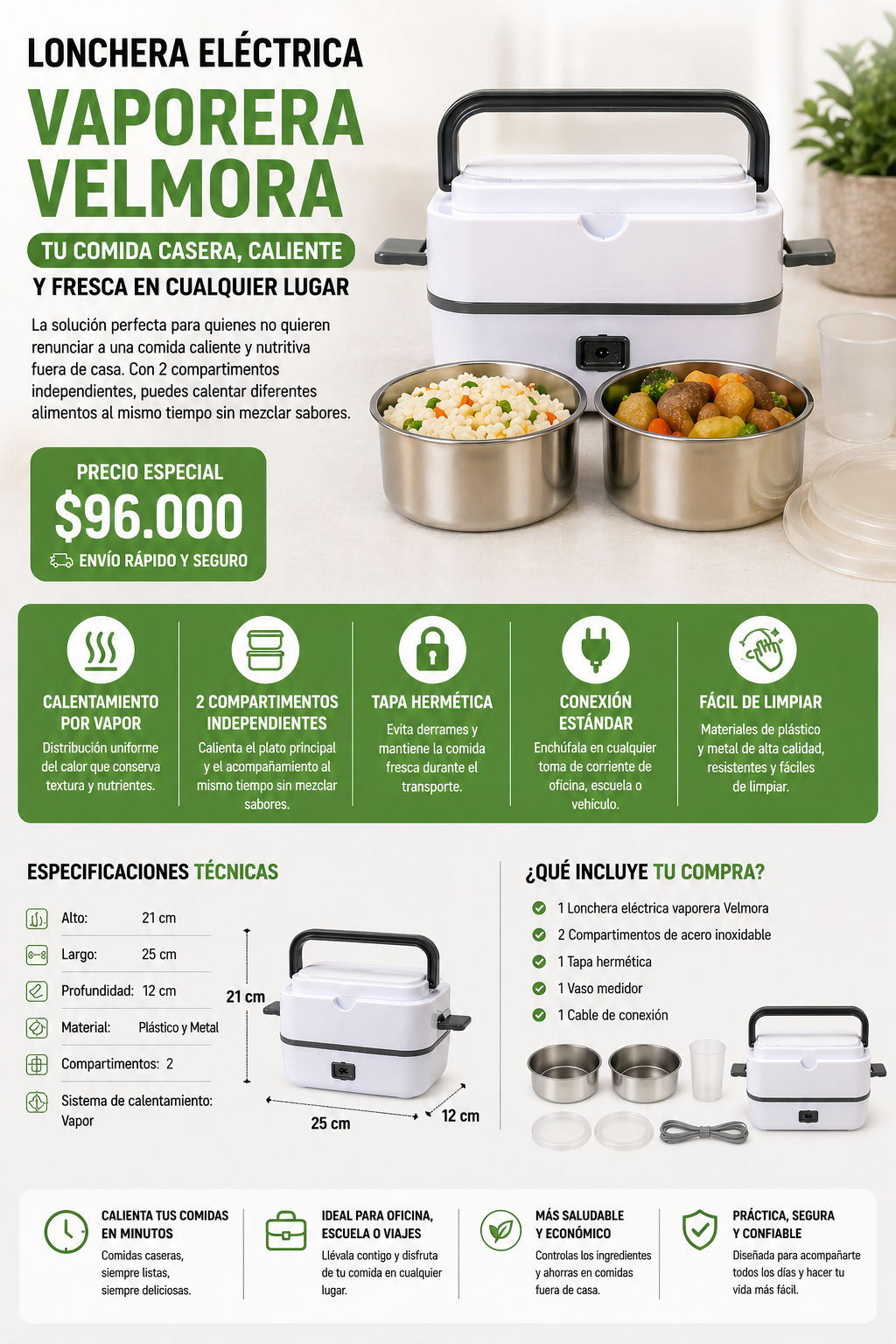 Lonchera Eléctrica Vaporera 2 Compartimentos — Calienta tu Comida en Minutos