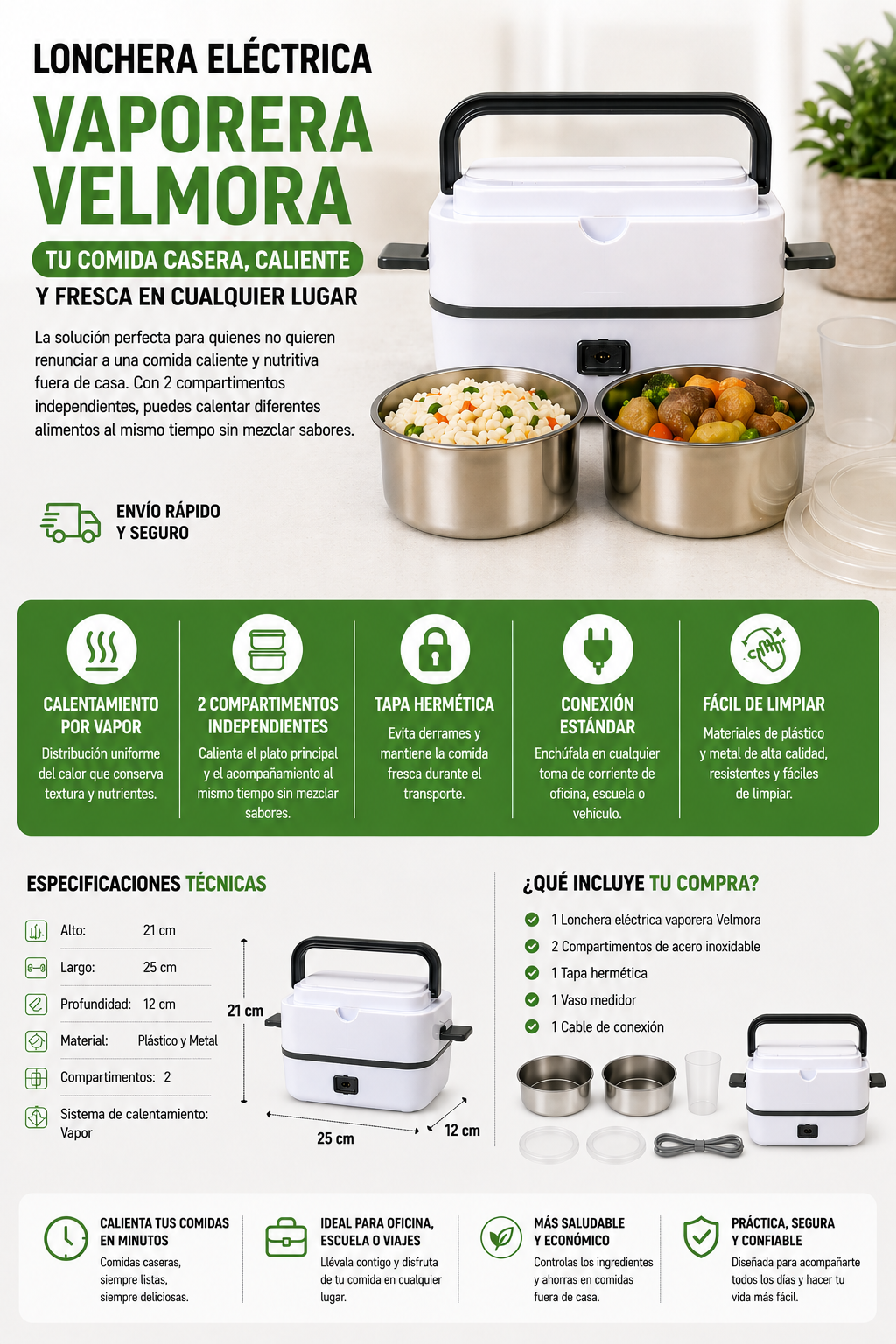Lonchera eléctrica vaporera 2 compartimentos, calienta comida al vapor en minutos, fiambrera portátil