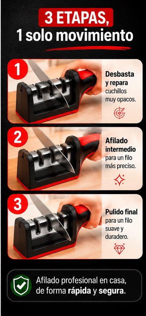 Afilador de cuchillos de cocina profesional 3 etapas, fácil de usar, afilado rápido y seguro