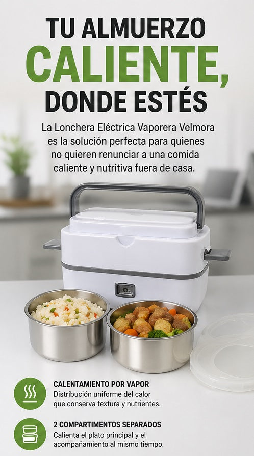 Lonchera eléctrica vaporera 2 compartimentos, calienta comida al vapor en minutos, fiambrera portátil
